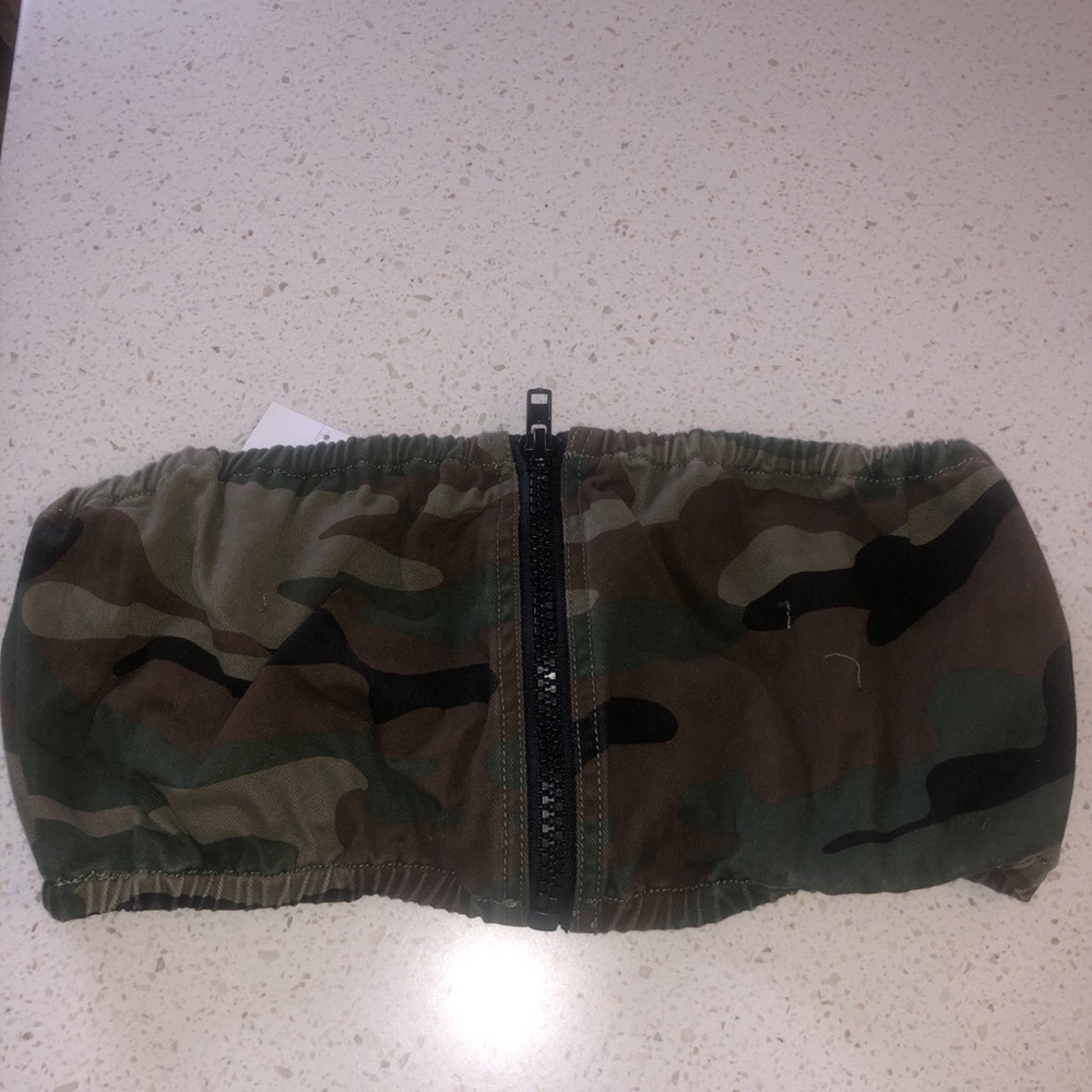Zip up front camo print bandeau/tube top.